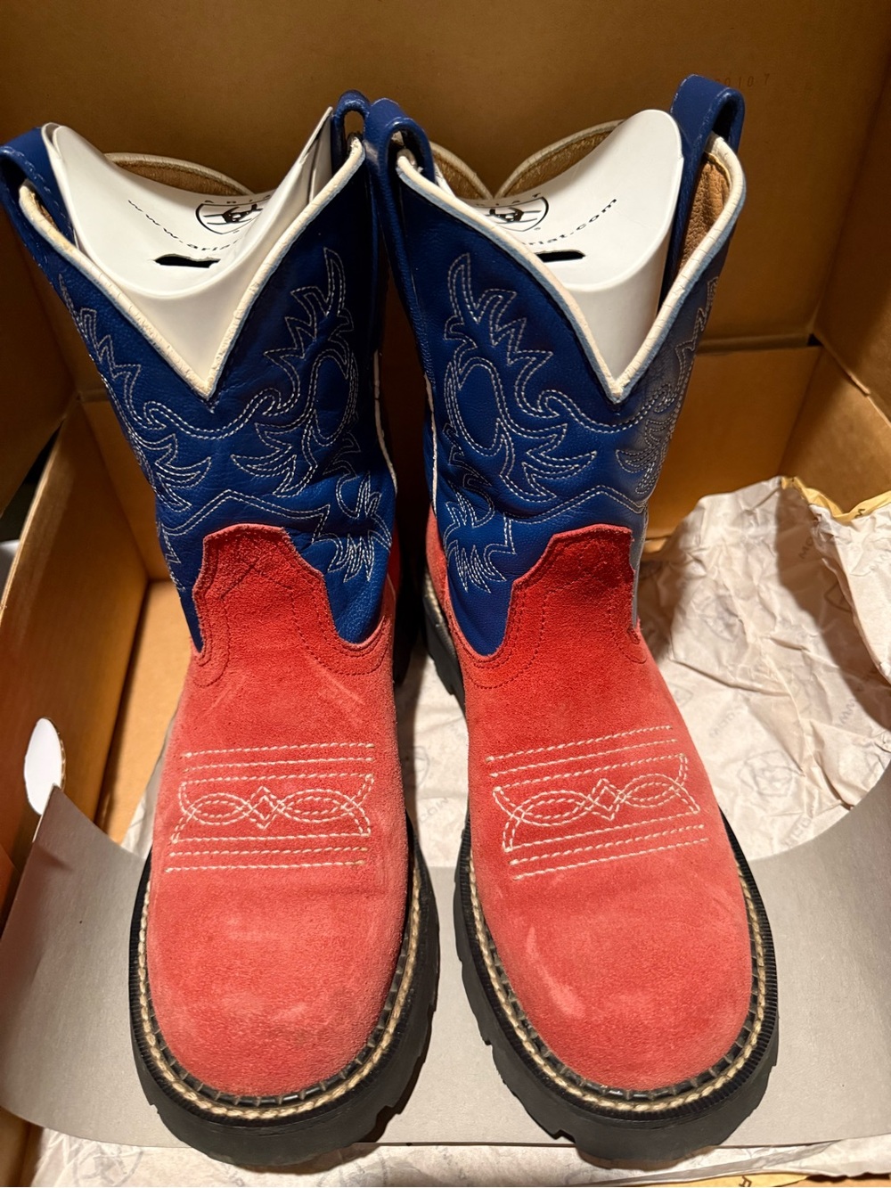 Ariat Red Suede & Blue Leather Ankle Boots - Picture 4 of 5